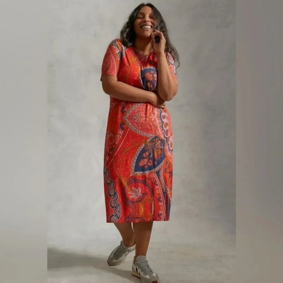 Anthropologie Farm Rio Orange Tropical Giannina Knit Midi Dress Plus Size 1X - Picture 1 of 13